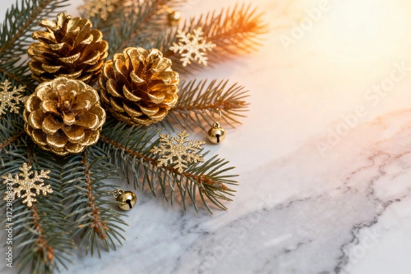 Fototapeta Golden pinecones and fir branches with snowflake ornaments on a marble surface
