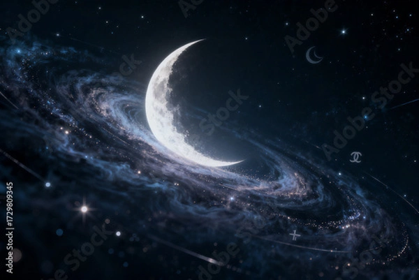 Fototapeta Crescent moon surrounded by a swirling galaxy in deep space with stars and cosmic dust