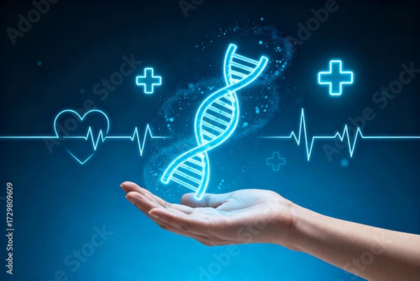 Fototapeta Hand holding a glowing DNA helix with medical symbols and heartbeat lines on a blue background