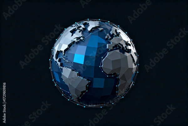 Fototapeta Stylized low-poly representation of Earth with blue and gray geometric facets against a dark background