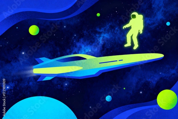 Fototapeta Astronaut floating above a futuristic spacecraft in outer space with colorful planets and stars