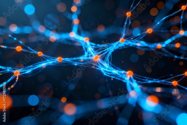 Fototapeta Abstract network of glowing blue nodes and connections against a dark background