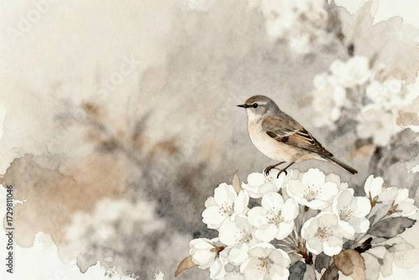 Fototapeta A small bird perched on a branch of white blossoms in a soft, watercolor-style painting