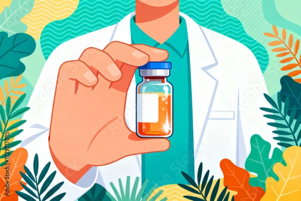 Fototapeta Scientist holding a vial with orange liquid in a lab setting surrounded by foliage