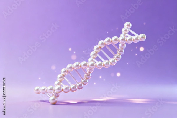 Fototapeta 3D rendering of a DNA double helix structure composed of pearl-like spheres on a purple background