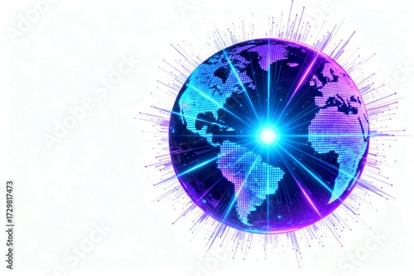 Fototapeta Digital globe with glowing blue and purple light effects and radiating lines
