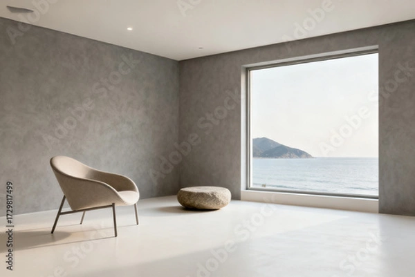 Fototapeta Minimalist interior with modern chair and stone ottoman overlooking ocean view through large window