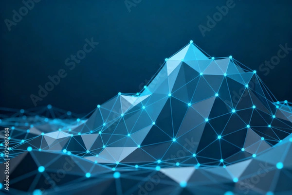Fototapeta Abstract digital landscape with interconnected nodes and geometric polygons in blue tones