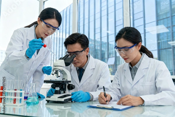 Fototapeta Scientists conducting laboratory research with microscope and test tubes