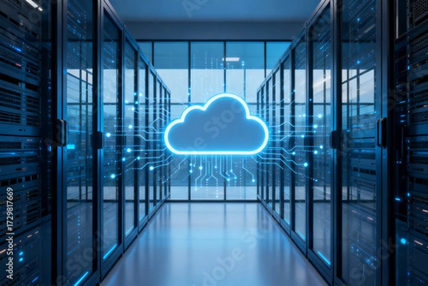 Fototapeta Data center hallway with illuminated cloud icon and server racks