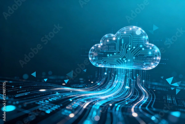 Fototapeta Digital cloud with circuit patterns and data streams flowing through a futuristic network