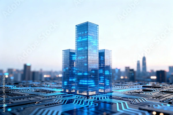 Fototapeta Futuristic cityscape with illuminated skyscrapers emerging from a circuit board landscape
