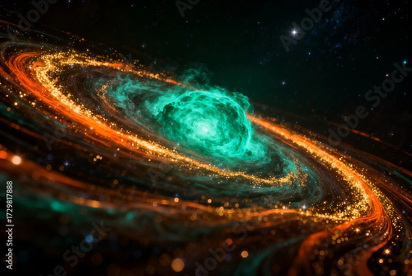 Fototapeta A vibrant cosmic nebula with swirling orange and teal gas clouds, set against a star-filled dark space background.
