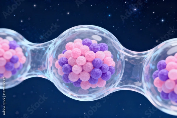 Fototapeta Microscopic view of spherical particles in transparent compartments against a starry background