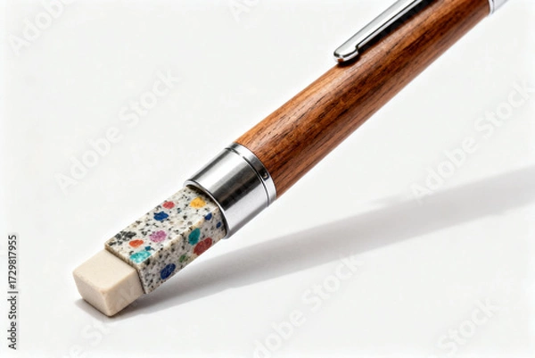 Fototapeta Close-up of a wooden pen with a colorful, speckled eraser tip and metallic accents