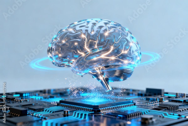 Fototapeta Digital brain hovering over a circuit board with glowing neural pathways and energy effects