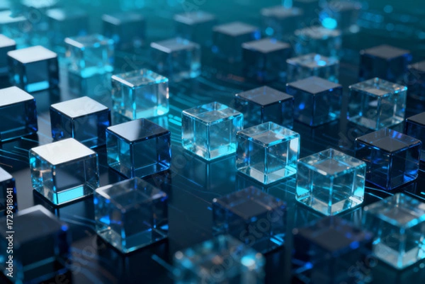 Fototapeta Array of transparent blue cubes with glowing edges arranged in a digital grid pattern