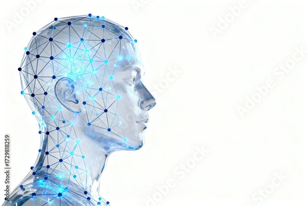 Fototapeta Digital human head with neural network overlay, illustrating brain connectivity and artificial intelligence concepts