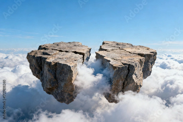Fototapeta Two large rock formations floating above a sea of clouds under a clear blue sky