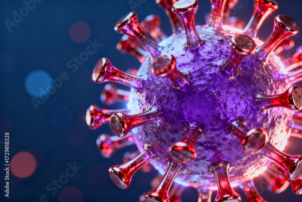Fototapeta Close-up visualization of a virus particle with spike proteins under microscopic view