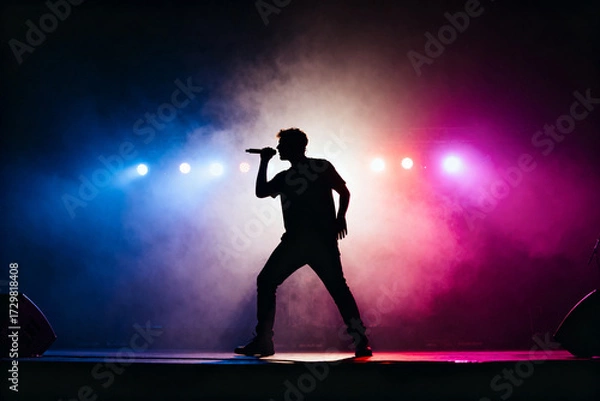 Fototapeta Silhouette of a performer singing on stage with colorful stage lighting and smoke effects
