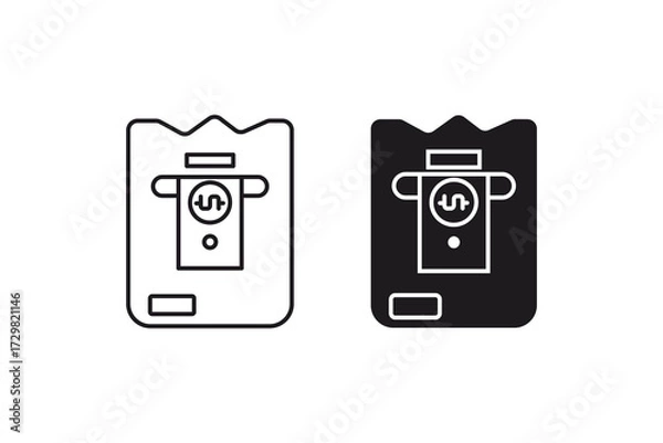 Fototapeta Expense icon with two atm receipt icons, one outlined and one solid black, depicting finance expenses. Ideal for financial presentations.