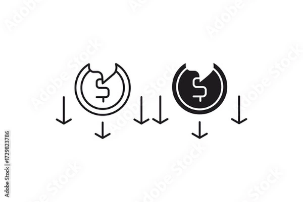 Fototapeta Money loss icon with falling arrows and two dollar coins represents financial loss. Suitable for finance and investment related concepts.