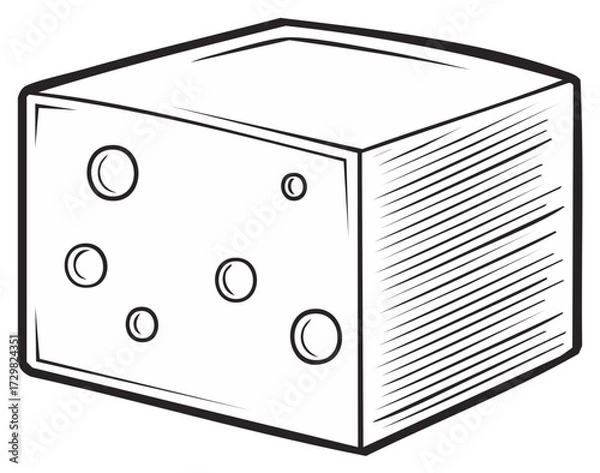 Fototapeta Hand drawn block of Swiss cheese with holes black and white vector illustration