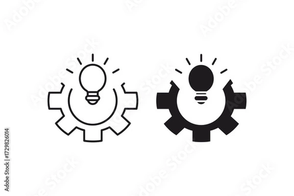 Fototapeta Two lightbulbs and gears symbolize innovation and strategic thinking. Suitable for presentations, branding, and educational materials needing creative concepts.