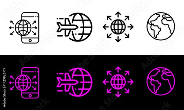 Fototapeta Global Travel and Worldwide Connection Line Icons Set – Airplane, Globe, Mobile, Communication Symbols