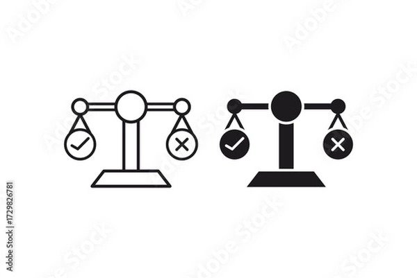 Fototapeta Decision icon displays scales with checkmark symbolizing balanced choice. Suitable for ethics, law, justice, decisionmaking concepts in design projects.