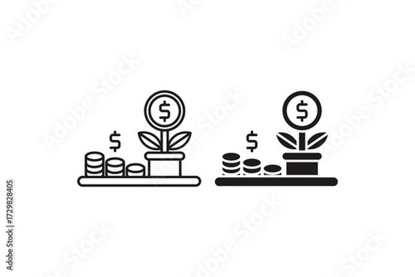 Fototapeta Investment icon of a money plant growing with stacked coins, symbolizing financial growth, suitable for finance and investment concepts.