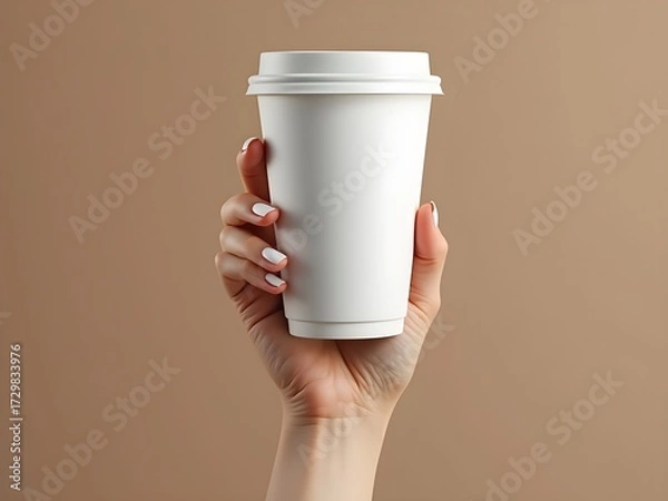 Obraz Mockup of woman hand holding up a Coffee paper cup isolated on grey background. Front view
