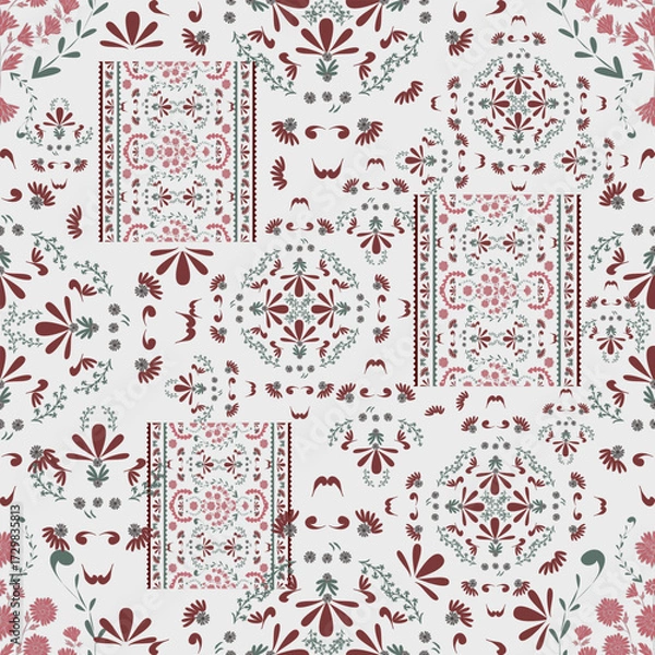 Obraz Floral seamless folk pattern, ethnic folklore flowers. Ethnic flowers, Jacobean traditional style on a white background. Classic indian motifs, trendy vector illustration