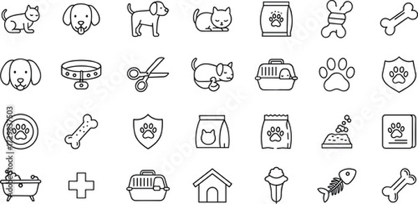 Obraz Outline Pet Care and Veterinary Medicine Vector Icons Set, SEO Optimized Collection for Dog, Cat, Grooming, Animal Shelter, Food, Health, and Adoption Concepts Line Art, Minimalist Design.