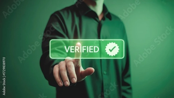 Obraz Verified checkmark confirmation with hand touching digital interface for data security