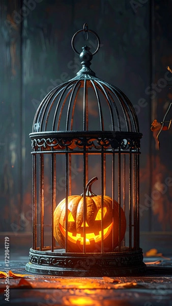 Fototapeta Jack O Lantern Pumpkin Inside A Bird Cage Glowing With Light.