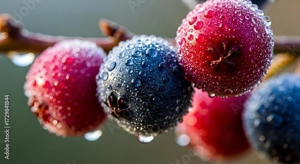 Fototapeta Fresh colorful berries covered in water droplets on a branch close up