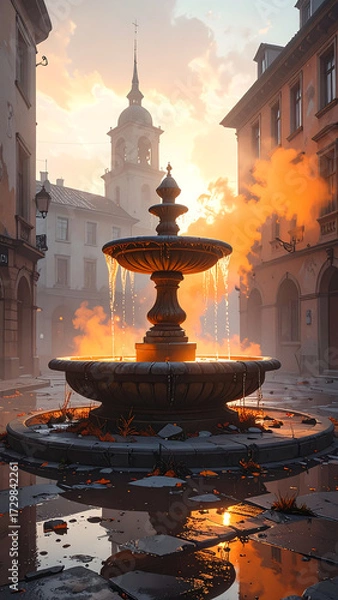 Obraz Old European Fountain in a City Square at Sunset.