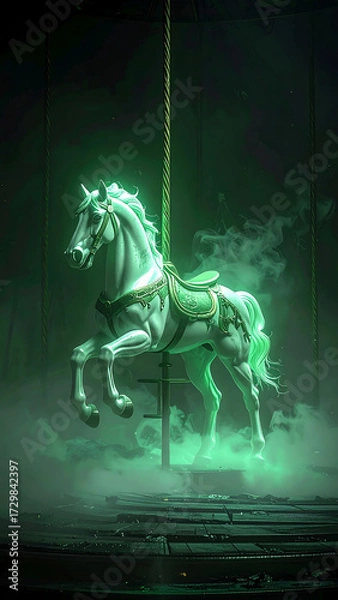 Obraz Ethereal Carousel Horse Glowing Green in Mysterious Fog.
