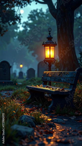 Obraz Mysterious Cemetery Lantern Bench at Night.