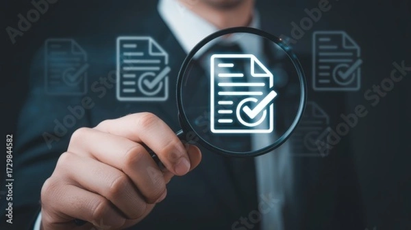 Obraz Verify documents for compliance with a magnifying glass, showing approved documentation and quality assurance