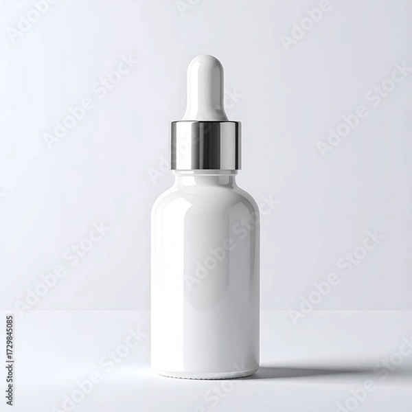 Obraz A glossy white dropper bottle with silver cap stands on a light, seamless background