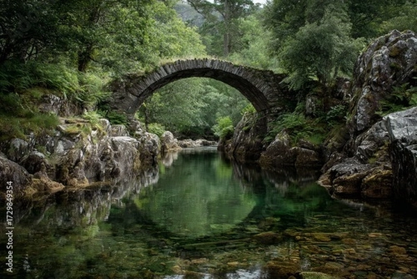 Fototapeta Ancient stone arch bridge over crystal clear river