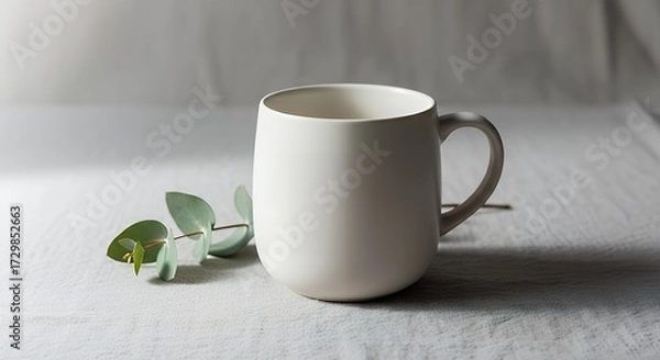 Fototapeta Minimalist white mug with eucalyptus branch on a textured linen surface