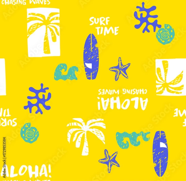 Fototapeta Summer seamless pattern design.Palm tree, surfboard,  print. colorful yellow background