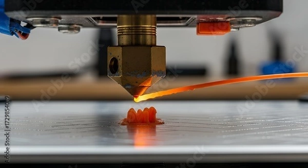 Fototapeta Close up of a 3d printer creating an object with orange filament material