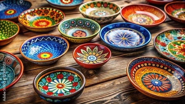 Fototapeta Vibrant Handcrafted Ceramics on Rustic Wooden Plates - Flat Lay Macro Photography