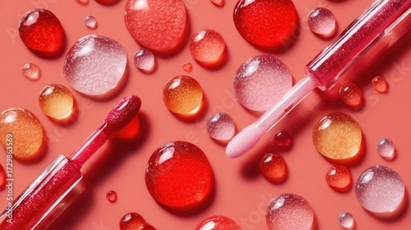 Fototapeta Beauty photography flat lay of lip gloss applicators with scattered drops of coral, red, and pink gloss, luminous glossy textures