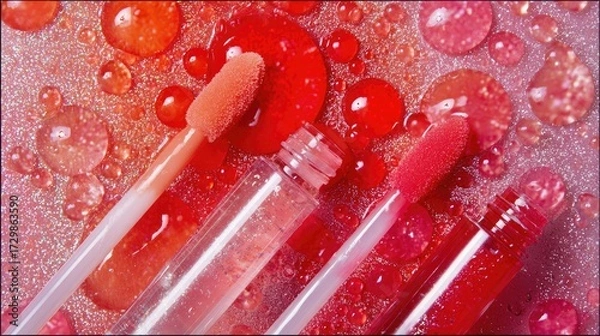 Fototapeta Beauty photography flat lay of lip gloss applicators with scattered drops of coral, red, and pink gloss, luminous glossy textures